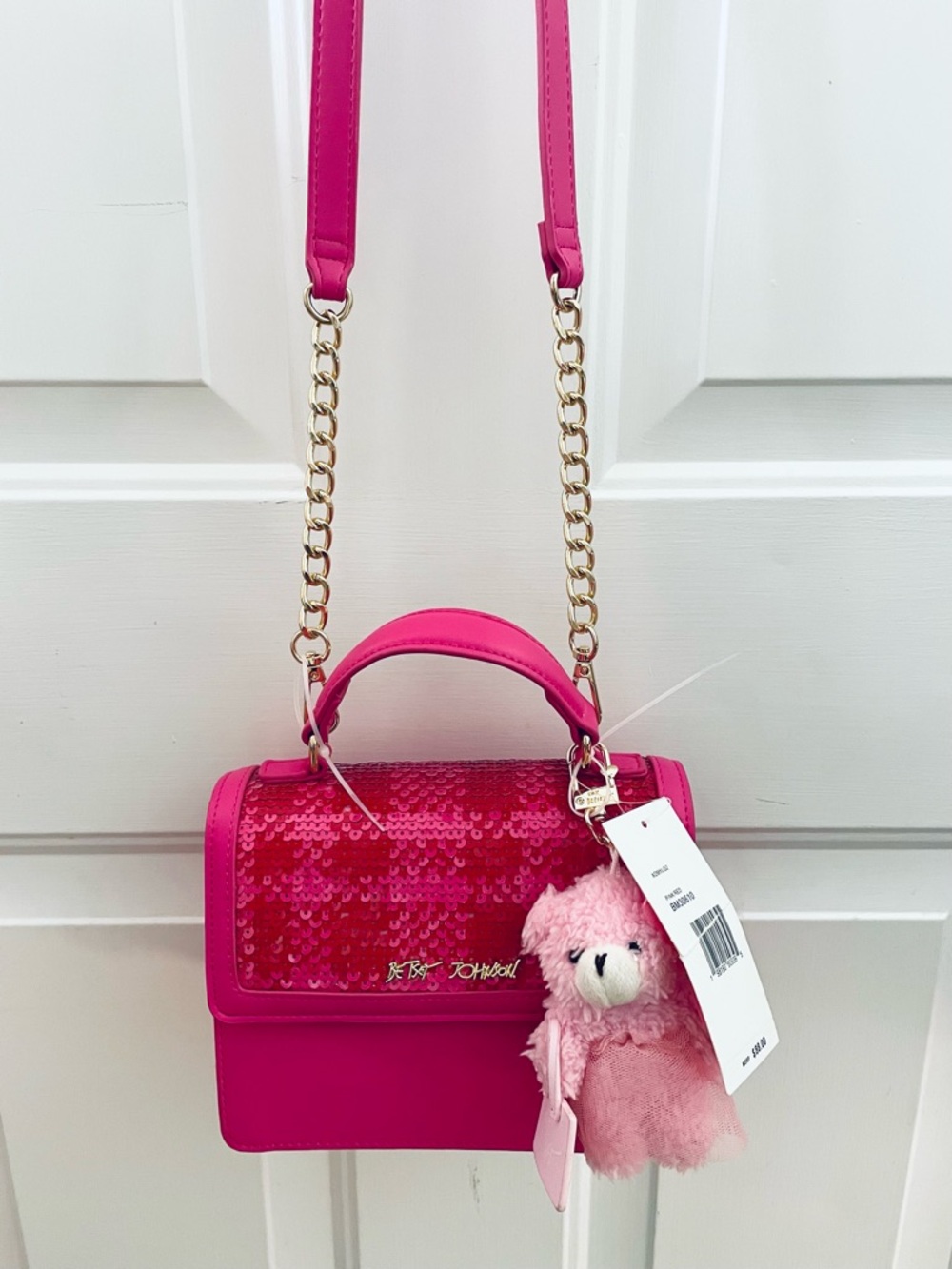 Betsey Johnson Hot Pink Sequin Box Purse with Crossbody chain strap and Charm